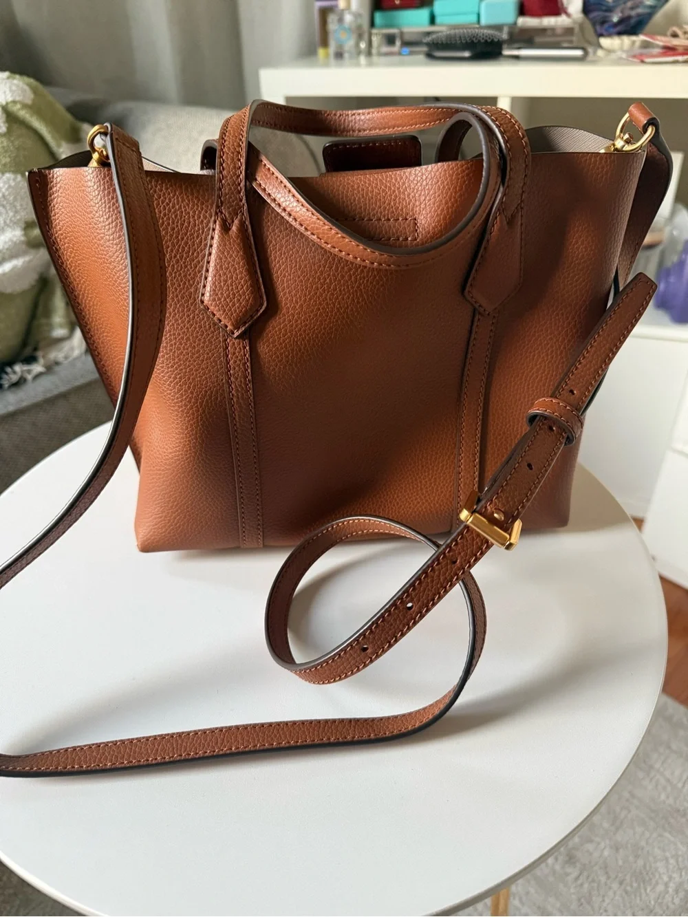 Tory Burch Cognac Leather Shoulder Tote with Taupe Trim